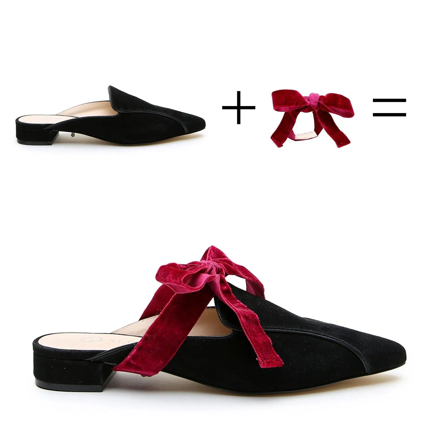 Black Suede Pointed Loafer   Red Velvet Marie Strap