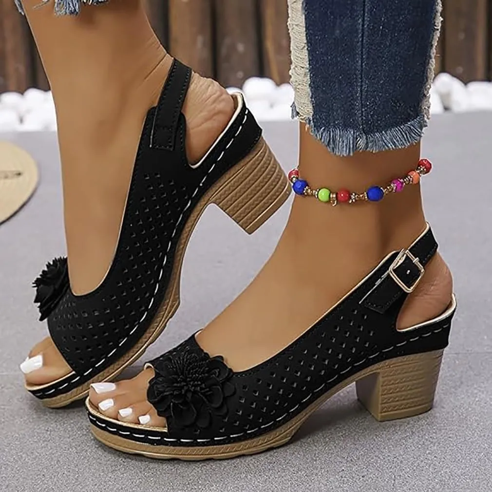 Buckled Square Heel Sandals for Women,Womens Peep Open Toe Slingback Low Chunky Heeled Dress Sandals Wedge Pump Shoes
