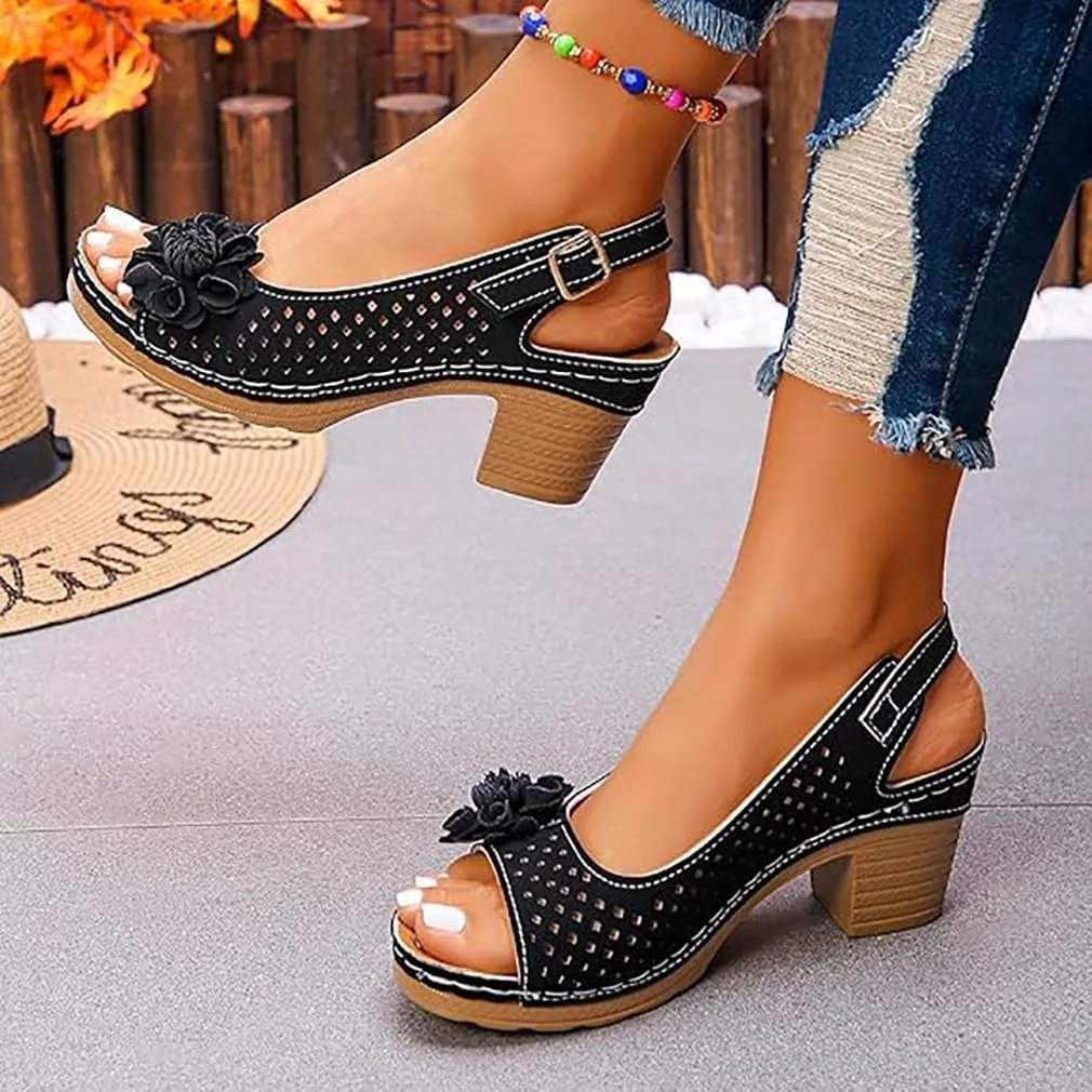 Buckled Square Heel Sandals for Women,Womens Peep Open Toe Slingback Low Chunky Heeled Dress Sandals Wedge Pump Shoes