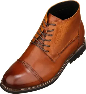 CALTO Men's Invisible Height Increasing Elevator Shoes - Brown Leather Lace-up Cap-toe Boots with Inner Faux Fur - 3.2 Inches Taller - Y41085 - Size 8 D(M) US