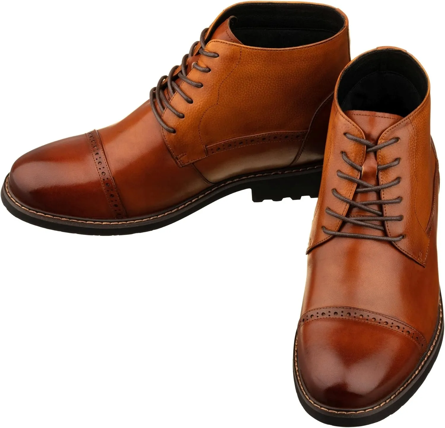 CALTO Men's Invisible Height Increasing Elevator Shoes - Brown Leather Lace-up Cap-toe Boots with Inner Faux Fur - 3.2 Inches Taller - Y41085 - Size 8 D(M) US