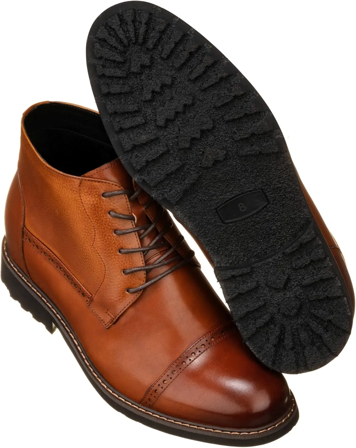 CALTO Men's Invisible Height Increasing Elevator Shoes - Brown Leather Lace-up Cap-toe Boots with Inner Faux Fur - 3.2 Inches Taller - Y41085 - Size 8 D(M) US