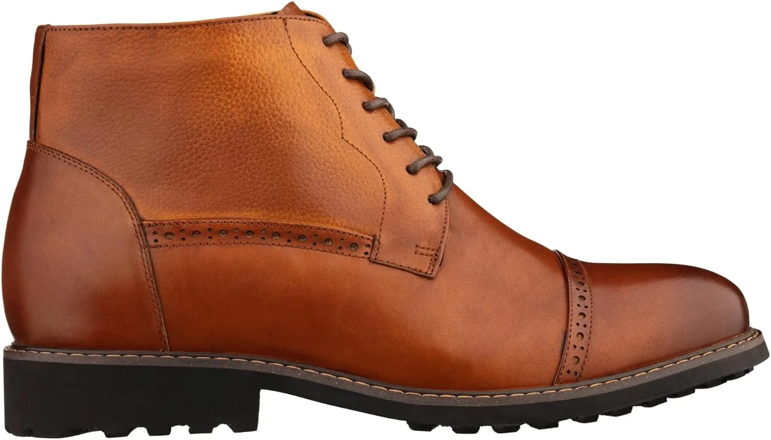 CALTO Men's Invisible Height Increasing Elevator Shoes - Brown Leather Lace-up Cap-toe Boots with Inner Faux Fur - 3.2 Inches Taller - Y41085 - Size 8 D(M) US