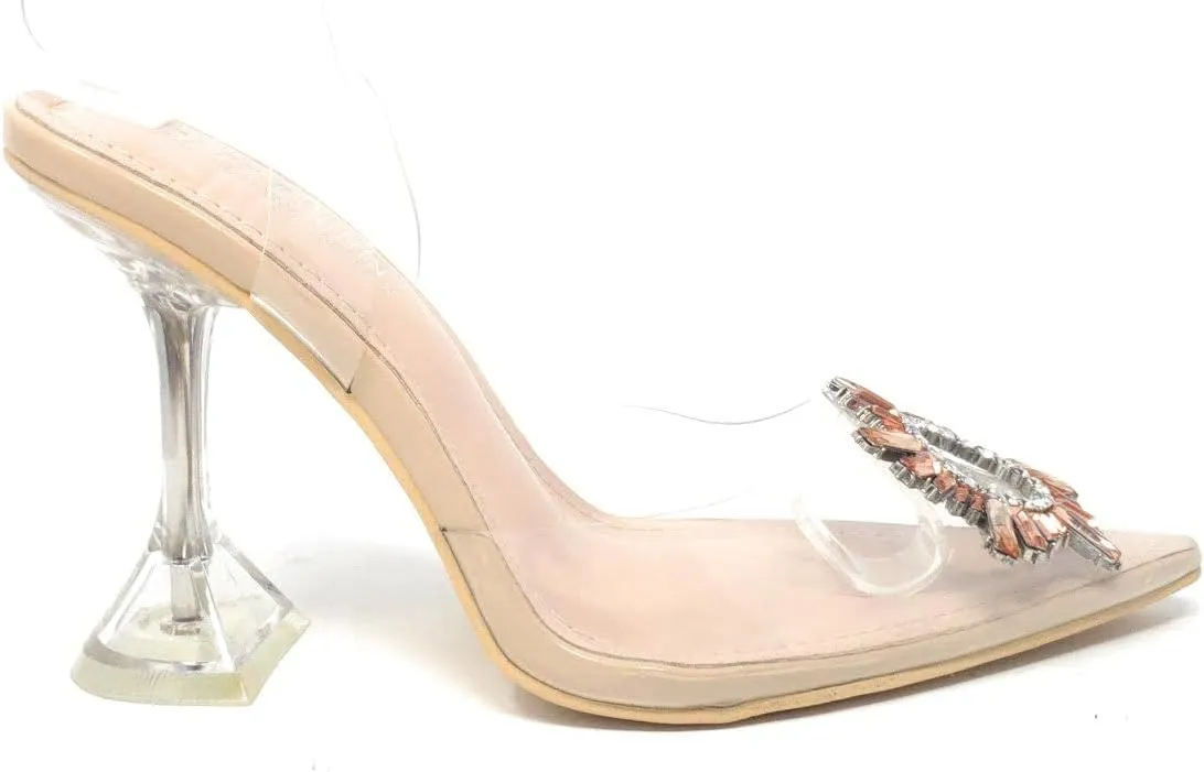 Cape Robbin Glassy Pop Pointed Toe Black Clear Rhinestone Sling Back Dress Pumps
