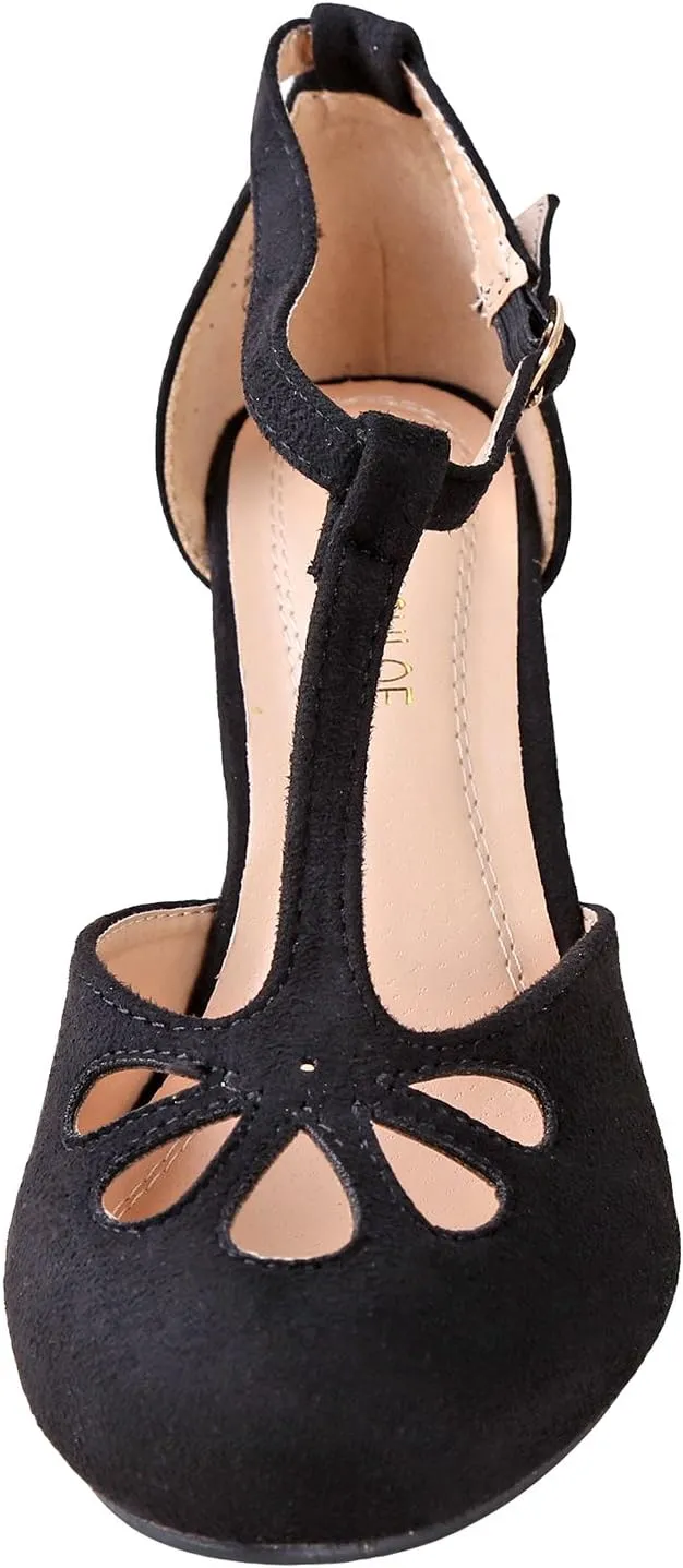 Chase & Chloe New Kimmy-36 Women's Teardrop Cut Out T-Strap Mid Heel Dress Pumps