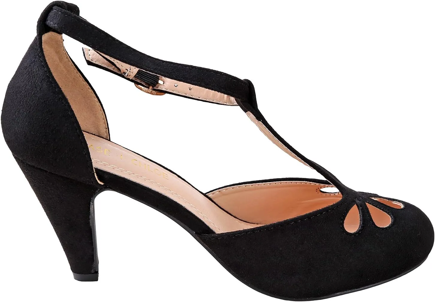 Chase & Chloe New Kimmy-36 Women's Teardrop Cut Out T-Strap Mid Heel Dress Pumps