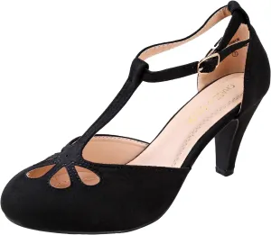 Chase & Chloe New Kimmy-36 Women's Teardrop Cut Out T-Strap Mid Heel Dress Pumps