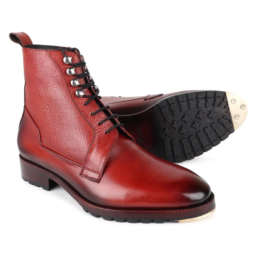 Cognac Glossed Derby Tank Boots with Metal Toe Plate   Commando Sole