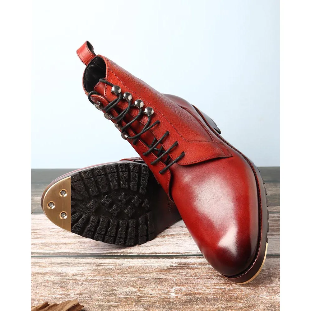 Cognac Glossed Derby Tank Boots with Metal Toe Plate   Commando Sole