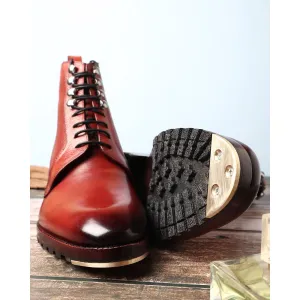 Cognac Glossed Derby Tank Boots with Metal Toe Plate   Commando Sole