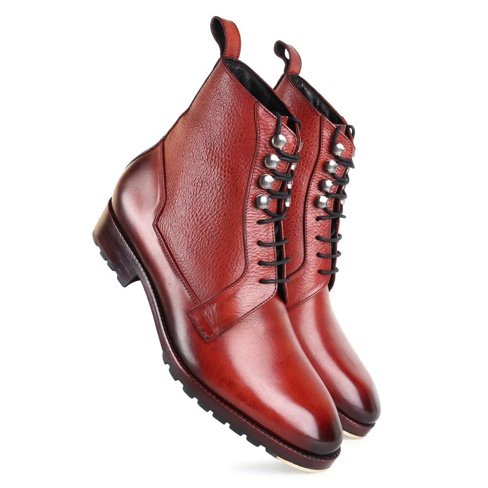 Cognac Glossed Derby Tank Boots with Metal Toe Plate   Commando Sole