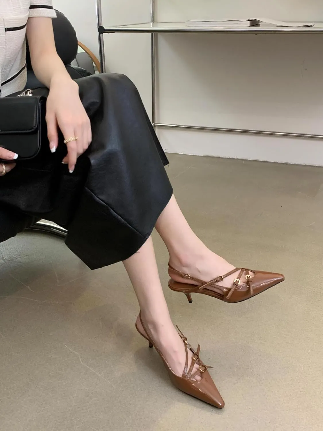 CORNMOOD Slingback Kitten Heels for Women Stiletto Heels Pointed Toe with Buckle Strap Heeled Sandals Pump Shoes Sexy