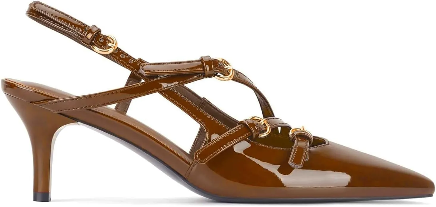 CORNMOOD Slingback Kitten Heels for Women Stiletto Heels Pointed Toe with Buckle Strap Heeled Sandals Pump Shoes Sexy