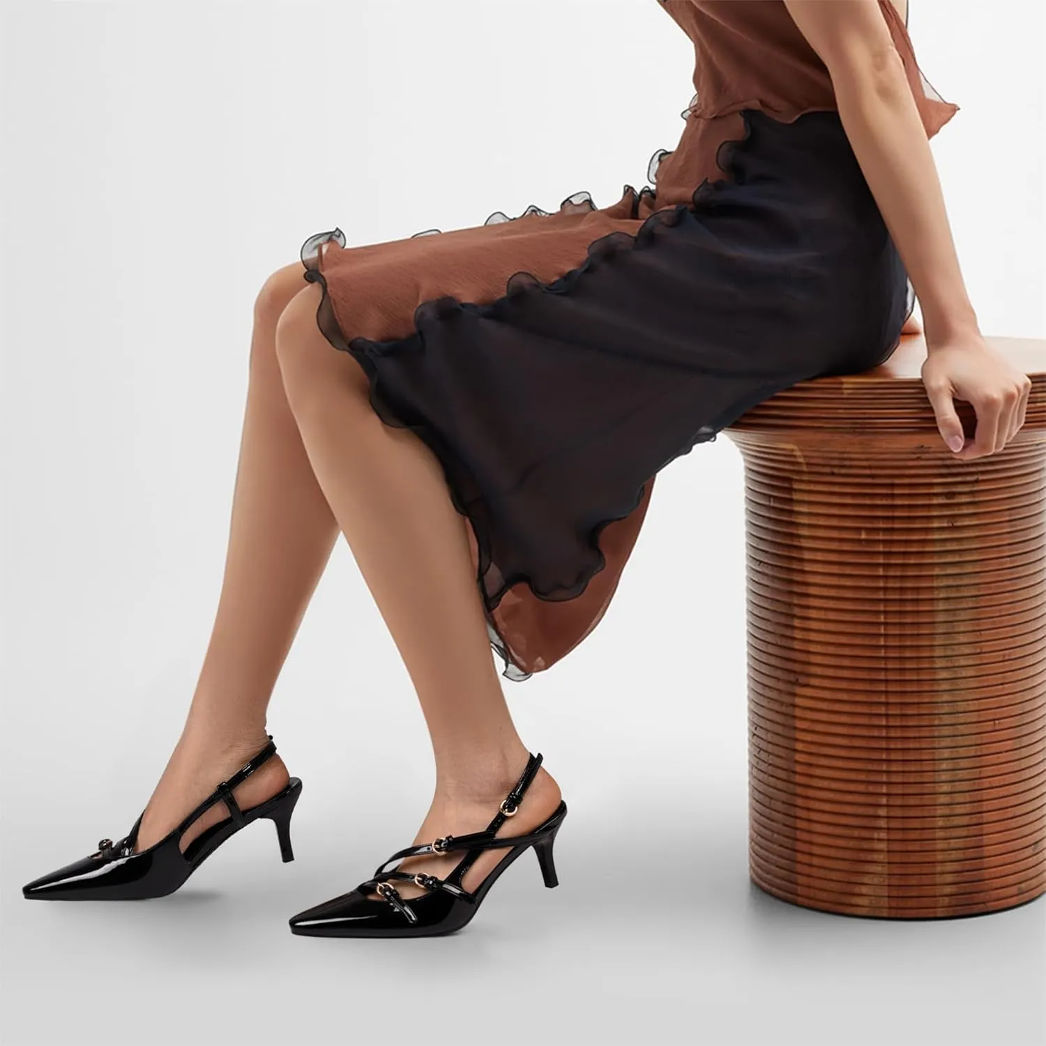 CORNMOOD Slingback Kitten Heels for Women Stiletto Heels Pointed Toe with Buckle Strap Heeled Sandals Pump Shoes Sexy