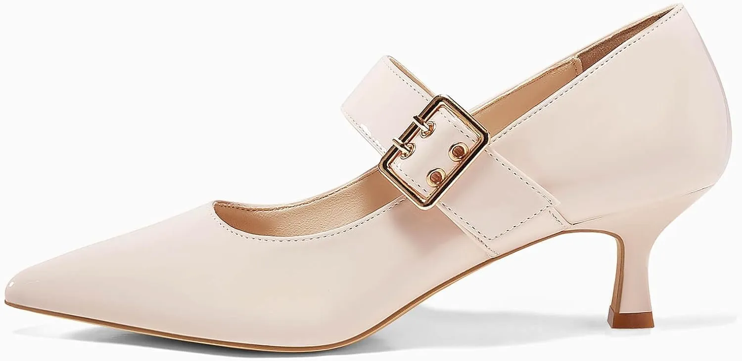Coutgo Womens Kitten Heels Mary Jane Shoes Closed Pointed Toe Dress Shoes Buckle Work Office Pump Shoes