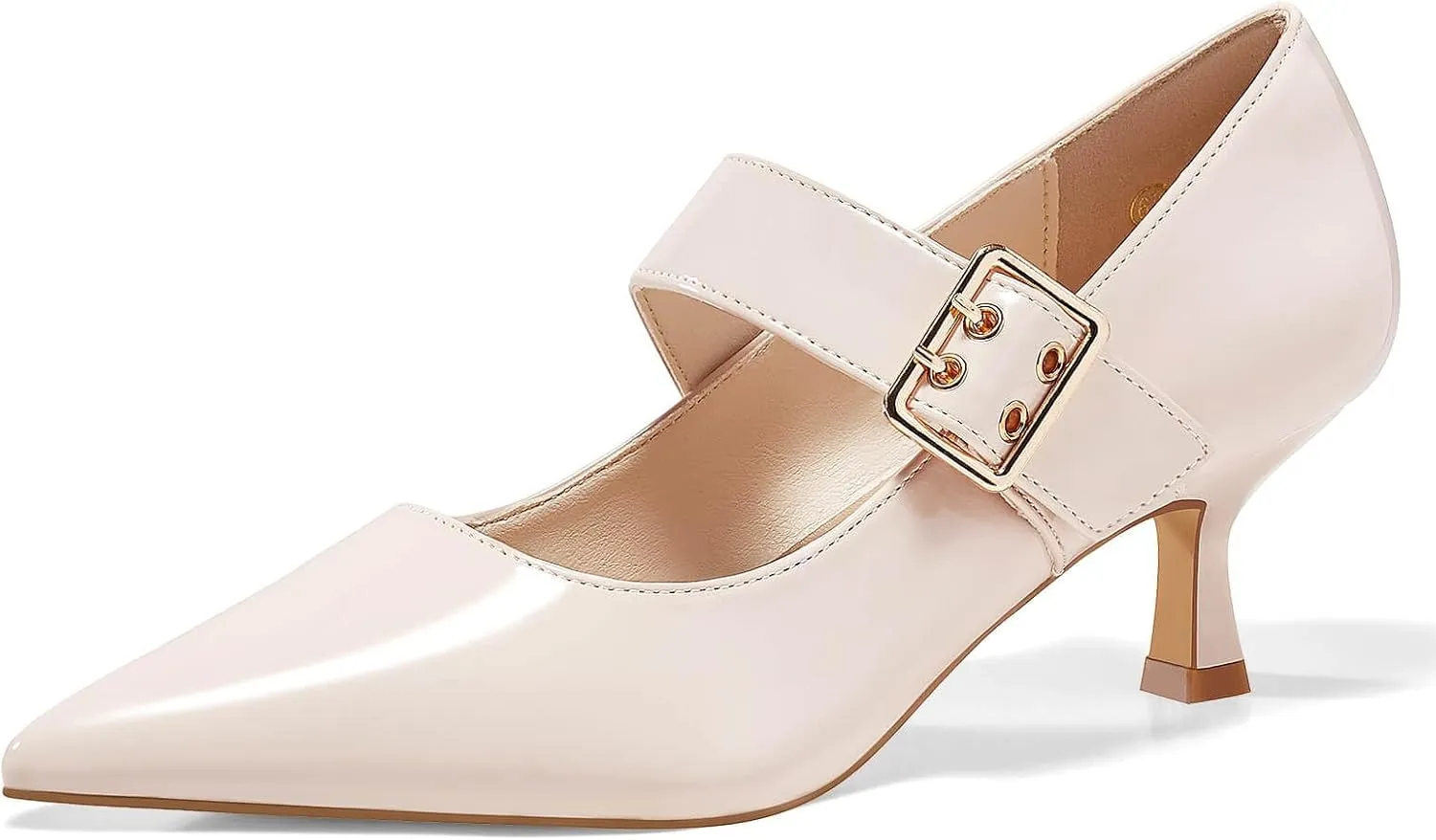 Coutgo Womens Kitten Heels Mary Jane Shoes Closed Pointed Toe Dress Shoes Buckle Work Office Pump Shoes