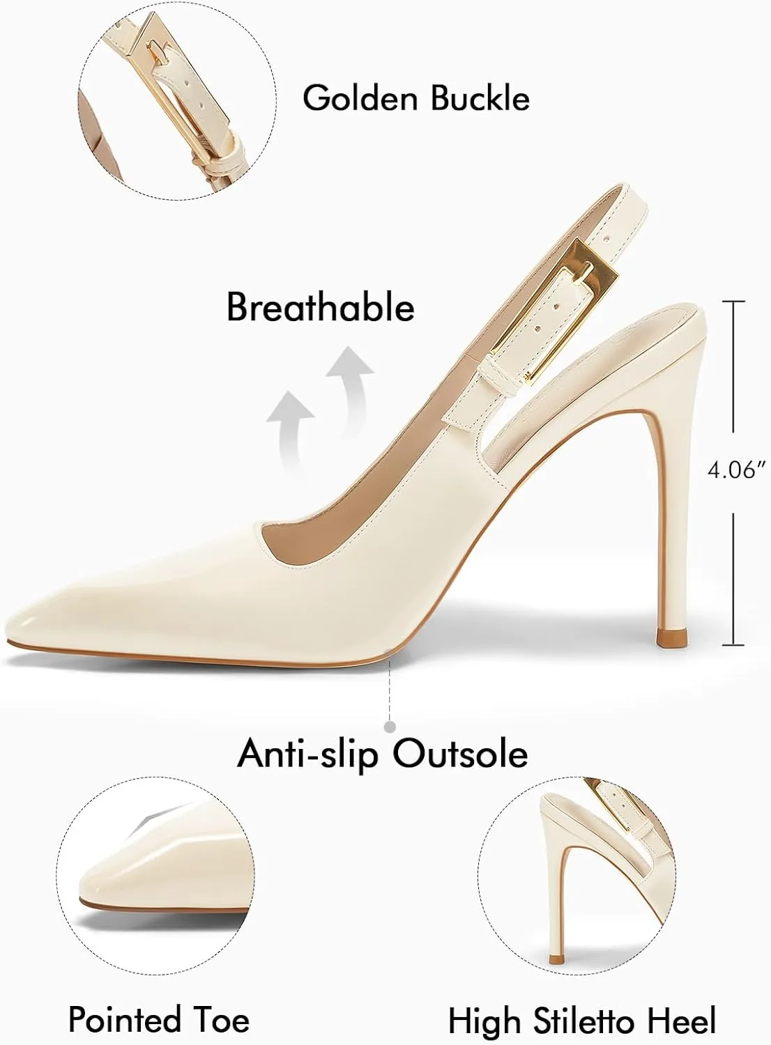 Coutgo Women's Slingback High Heels Pointed Toe Stilettos Metal Buckle Dress Party Pump Shoes