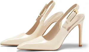 Coutgo Women's Slingback High Heels Pointed Toe Stilettos Metal Buckle Dress Party Pump Shoes