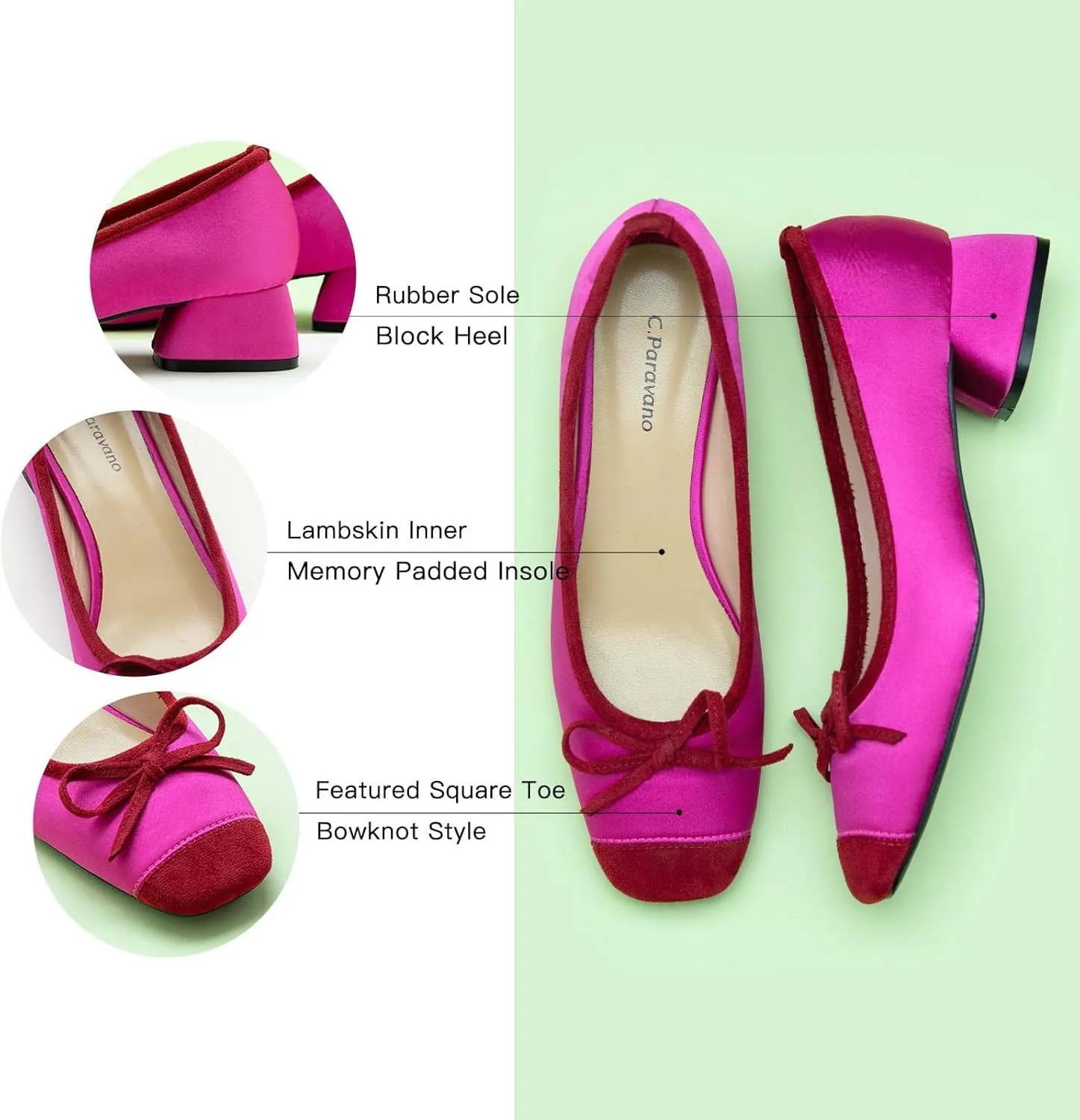 C.Paravano Women's Pump | Square Toe Low Block Heels | Closed Toe Chunky Heels | Leather Low Heel Pumps | Dress Wedding Shoes