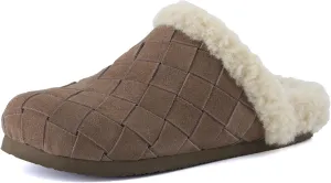 CUSHIONAIRE Cliché Genuine Suede Woven Mule Slippers for Women Indoor and Outdoor - Slip On Faux Fur Lining Women Footwear for Comfort