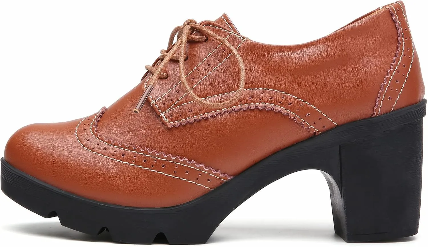 DADAWEN Women's Leather Classic Lace Up Platform Chunky Mid-Heel Square Toe Oxfords Dress Pump Shoes