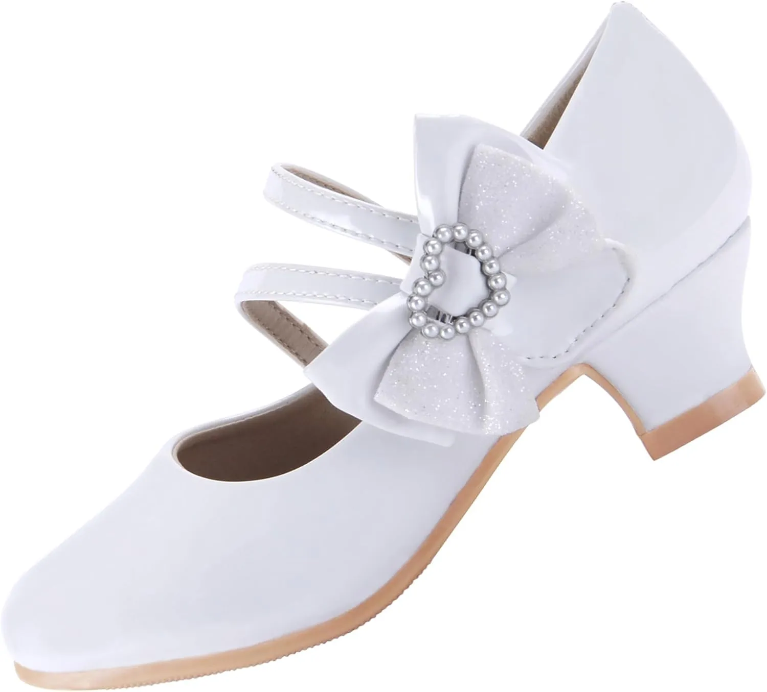 EIGHT KM Girls High Heel Dress Shoes Mary Jane Princess Wedding Party Pump Shoes EKM7035 Patent Leather Heart Pearl Bow White US Toddler Size 8