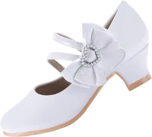 EIGHT KM Girls High Heel Dress Shoes Mary Jane Princess Wedding Party Pump Shoes EKM7035 Patent Leather Heart Pearl Bow White US Toddler Size 8