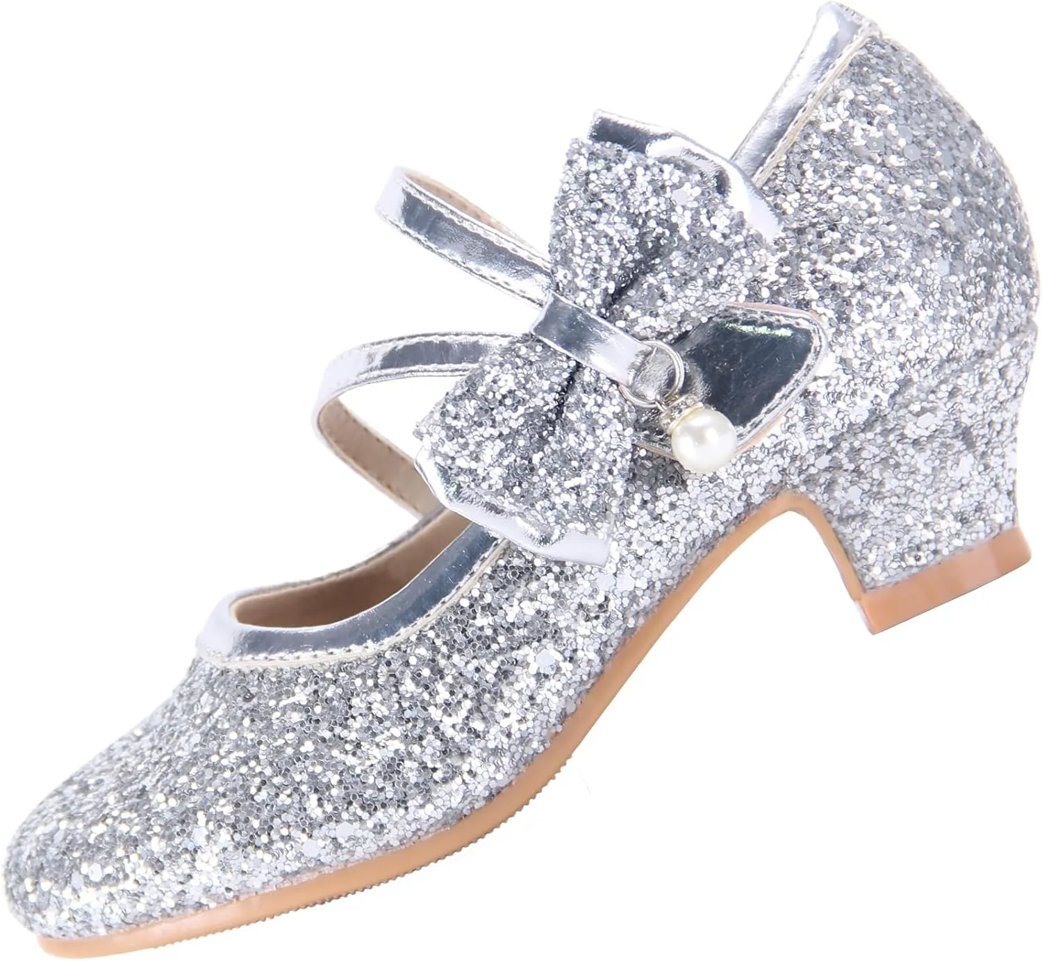 EIGHT KM Girls High Heel Dress Shoes Mary Jane Princess Wedding Party Pump Shoes EKM7035 Sparkle Glittery Crystal Pearl Bow Silver US Toddler Size 9
