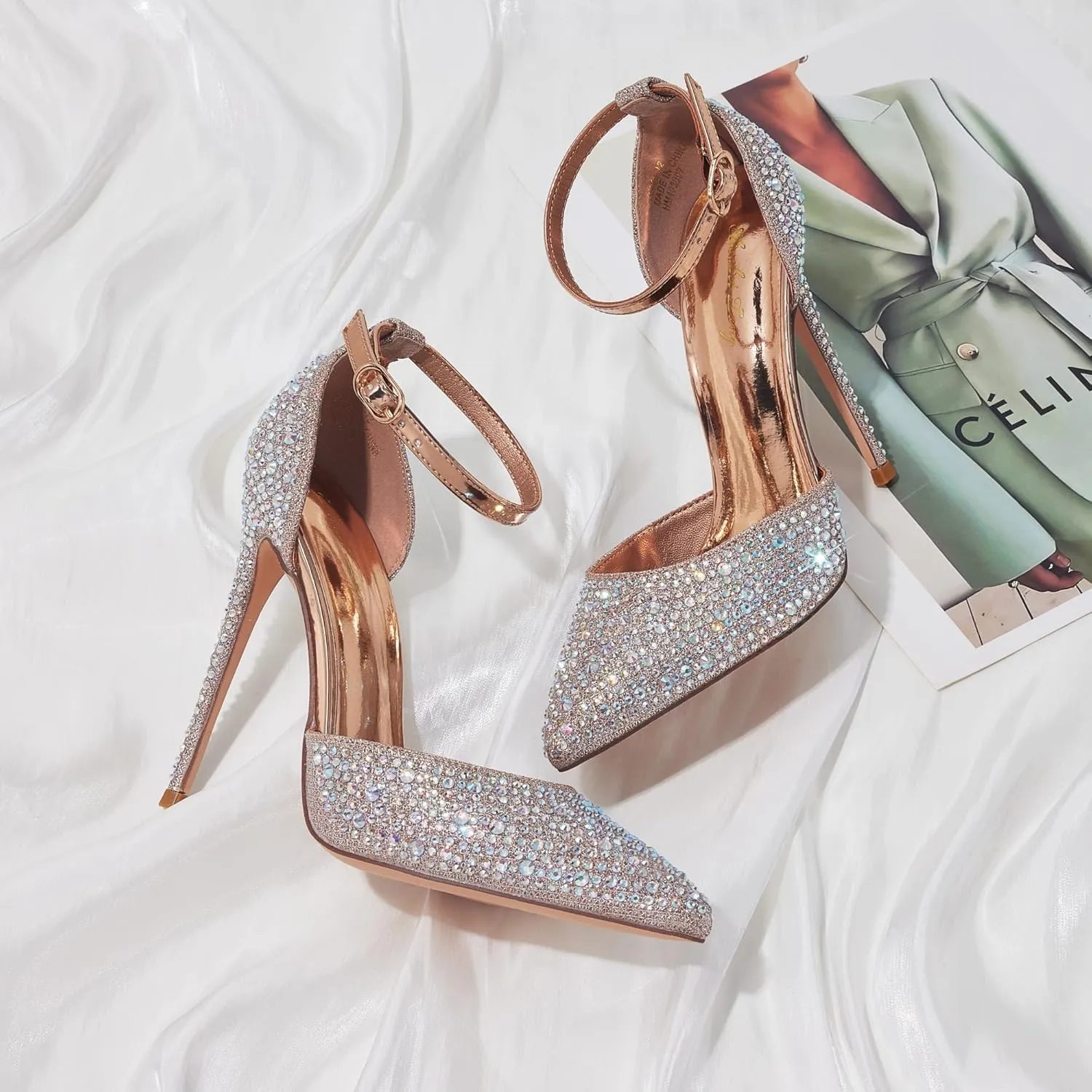 Elisabet Tang High Heels, Women Pumps D'Orsay Ankle Strap Pointed Toe Stiletto Heels Rhinestone Party Wedding Shoes