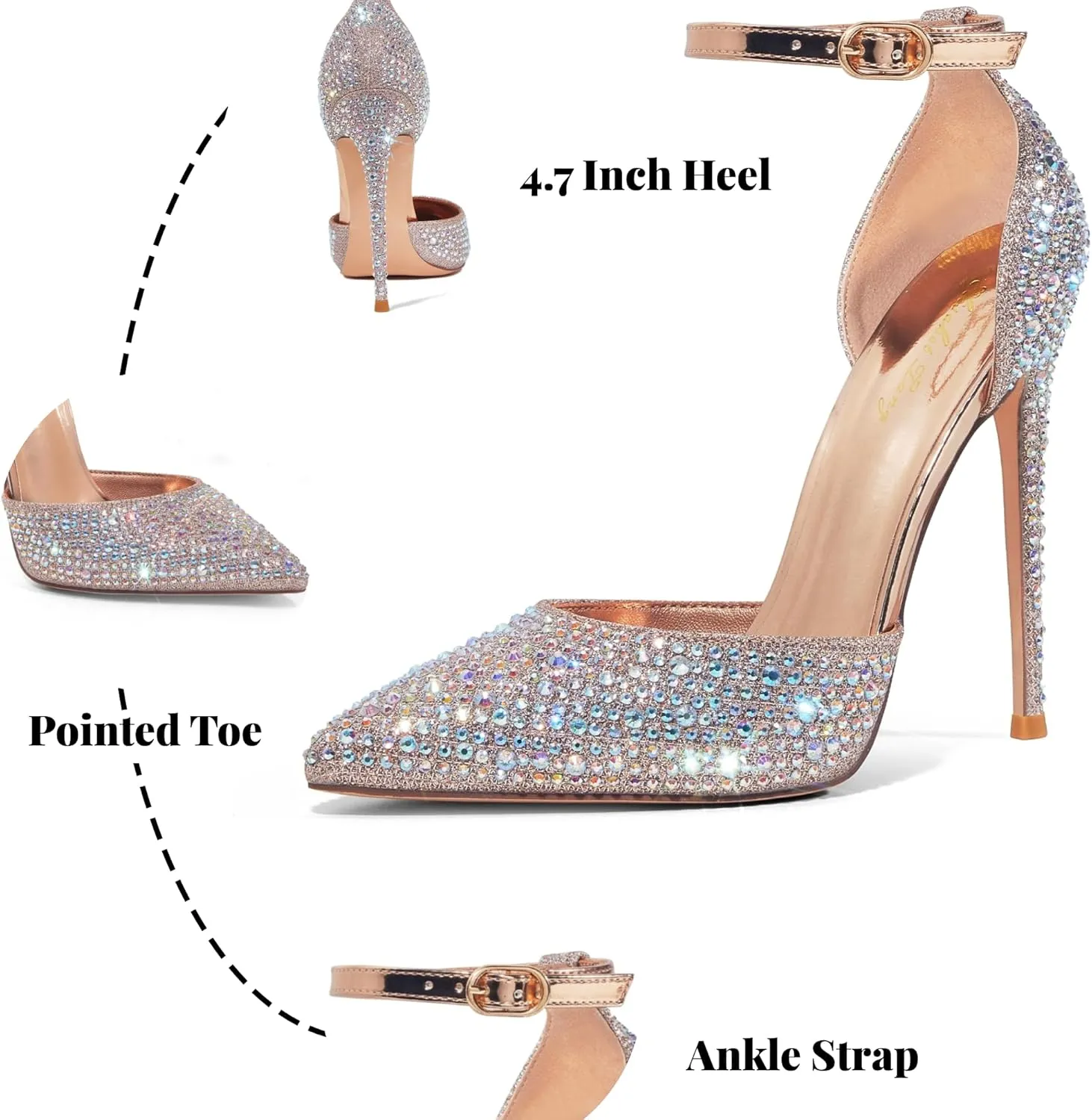Elisabet Tang High Heels, Women Pumps D'Orsay Ankle Strap Pointed Toe Stiletto Heels Rhinestone Party Wedding Shoes