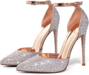 Elisabet Tang High Heels, Women Pumps D'Orsay Ankle Strap Pointed Toe Stiletto Heels Rhinestone Party Wedding Shoes