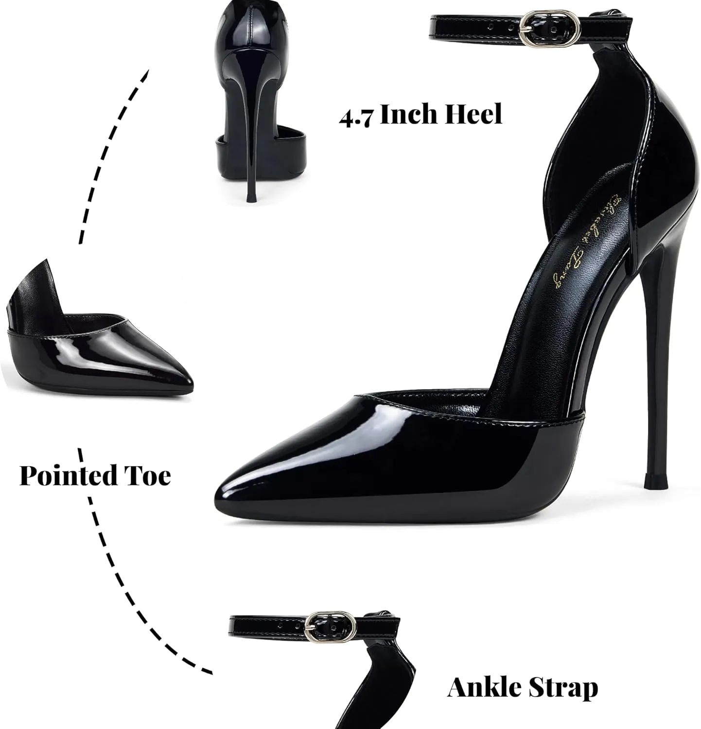 Elisabet Tang High Heels, Women Pumps D'Orsay Ankle Strap Pointed Toe Stiletto Heels Rhinestone Party Wedding Shoes
