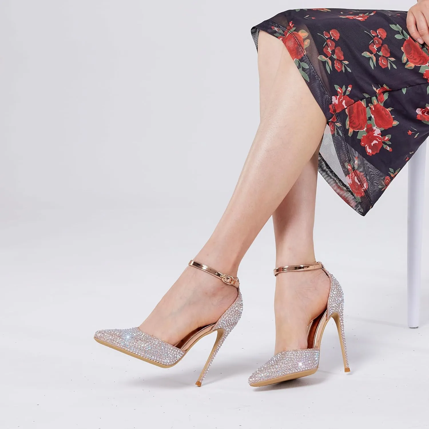 Elisabet Tang High Heels, Women Pumps D'Orsay Ankle Strap Pointed Toe Stiletto Heels Rhinestone Party Wedding Shoes