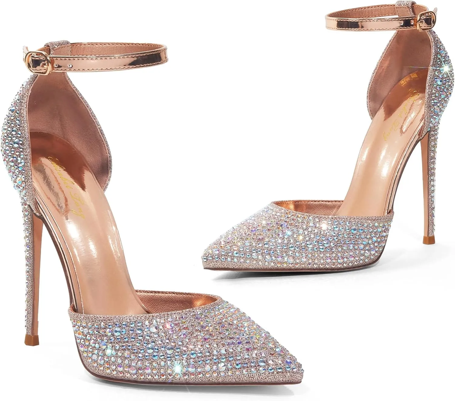 Elisabet Tang High Heels, Women Pumps D'Orsay Ankle Strap Pointed Toe Stiletto Heels Rhinestone Party Wedding Shoes