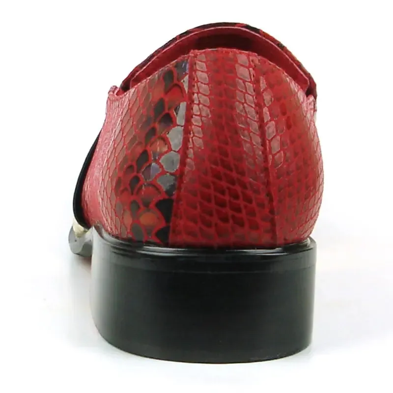 Fiesso FI-7512 Red Sneake Print Metal Tip Loafers