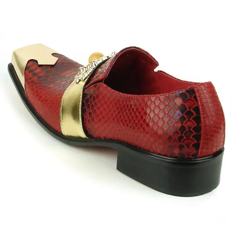 Fiesso FI-7512 Red Sneake Print Metal Tip Loafers