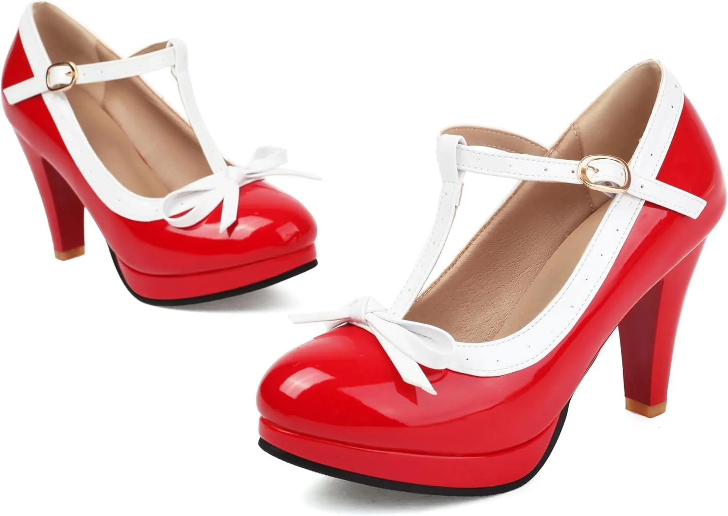 ForeMode Bow Mary Jane Shoes High Heels Closed Round Toe Pumps Leather Summer Sweet Shoe