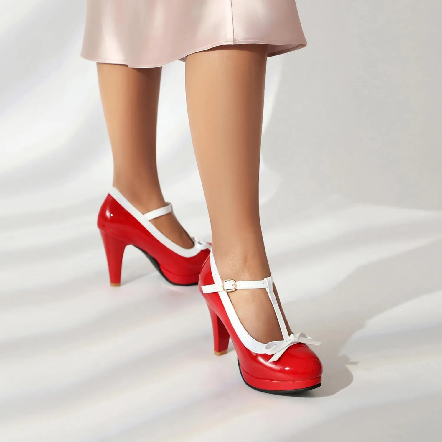 ForeMode Bow Mary Jane Shoes High Heels Closed Round Toe Pumps Leather Summer Sweet Shoe