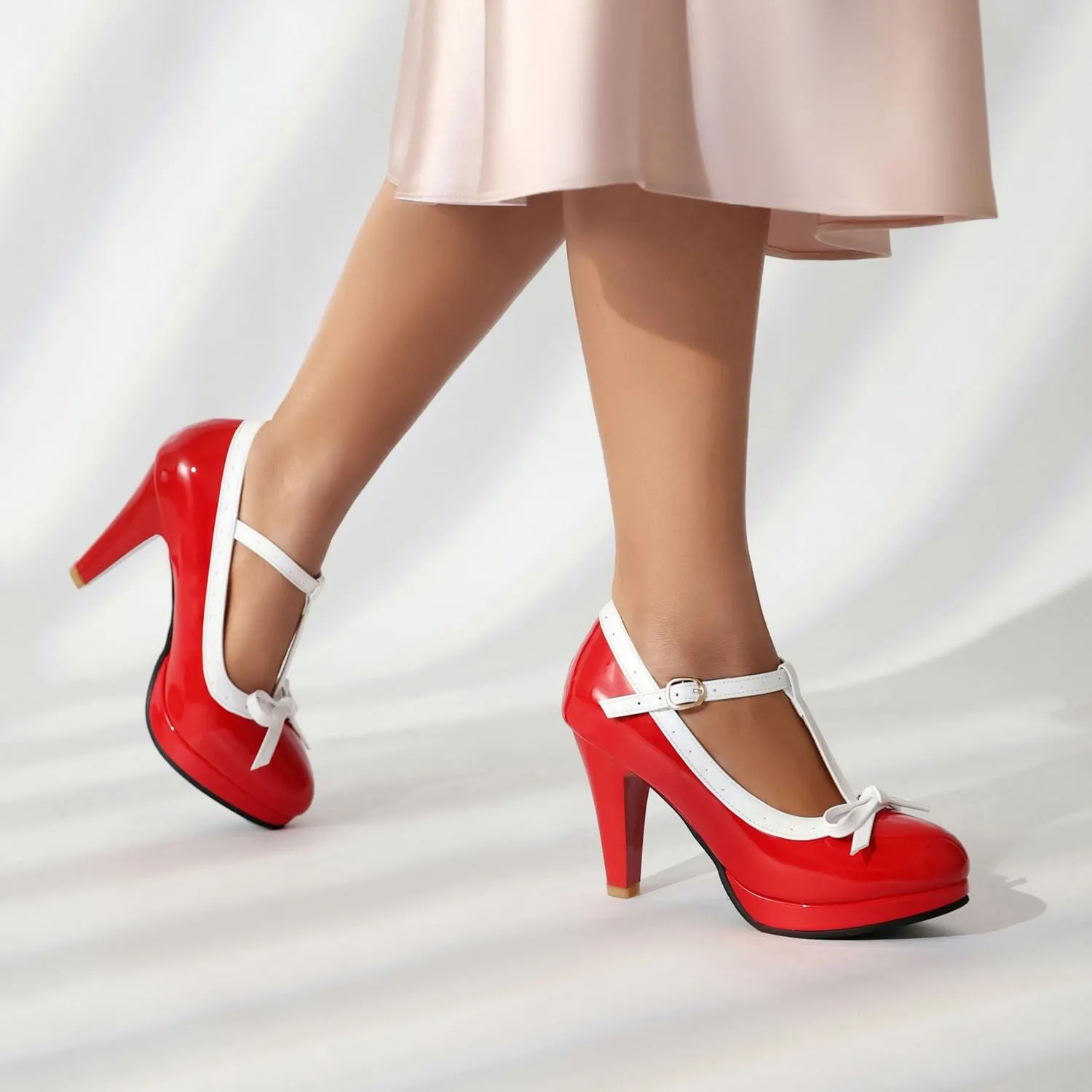 ForeMode Bow Mary Jane Shoes High Heels Closed Round Toe Pumps Leather Summer Sweet Shoe