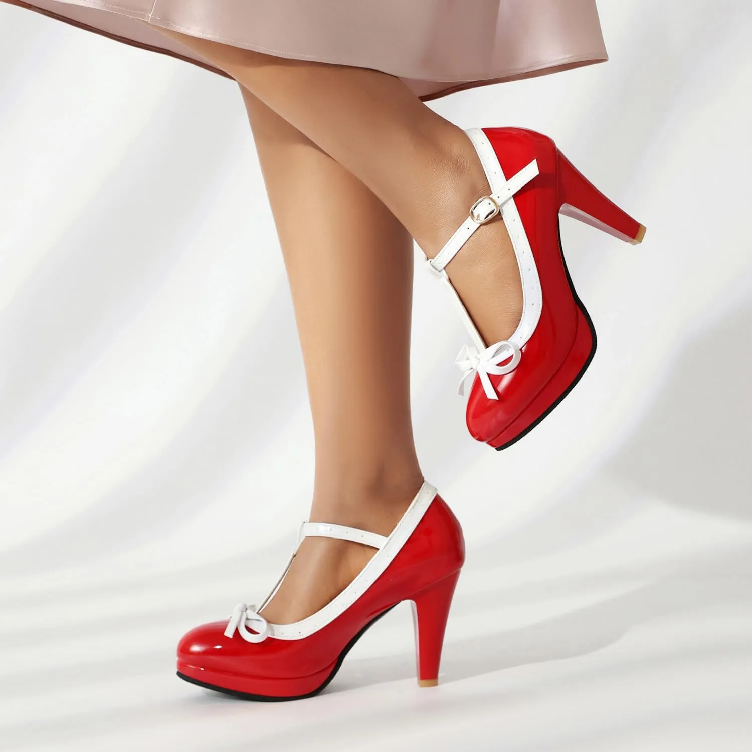 ForeMode Bow Mary Jane Shoes High Heels Closed Round Toe Pumps Leather Summer Sweet Shoe