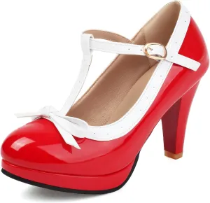 ForeMode Bow Mary Jane Shoes High Heels Closed Round Toe Pumps Leather Summer Sweet Shoe