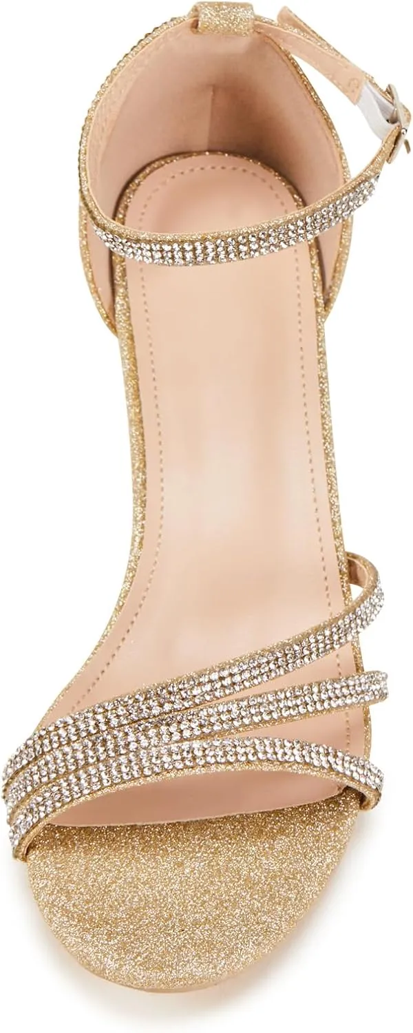 Frank Mully Women's Sparkly Low Kitten Heel Open Toe Sandals Ankle Strap Glitter Bridal Wedding Dress Pump Shoes