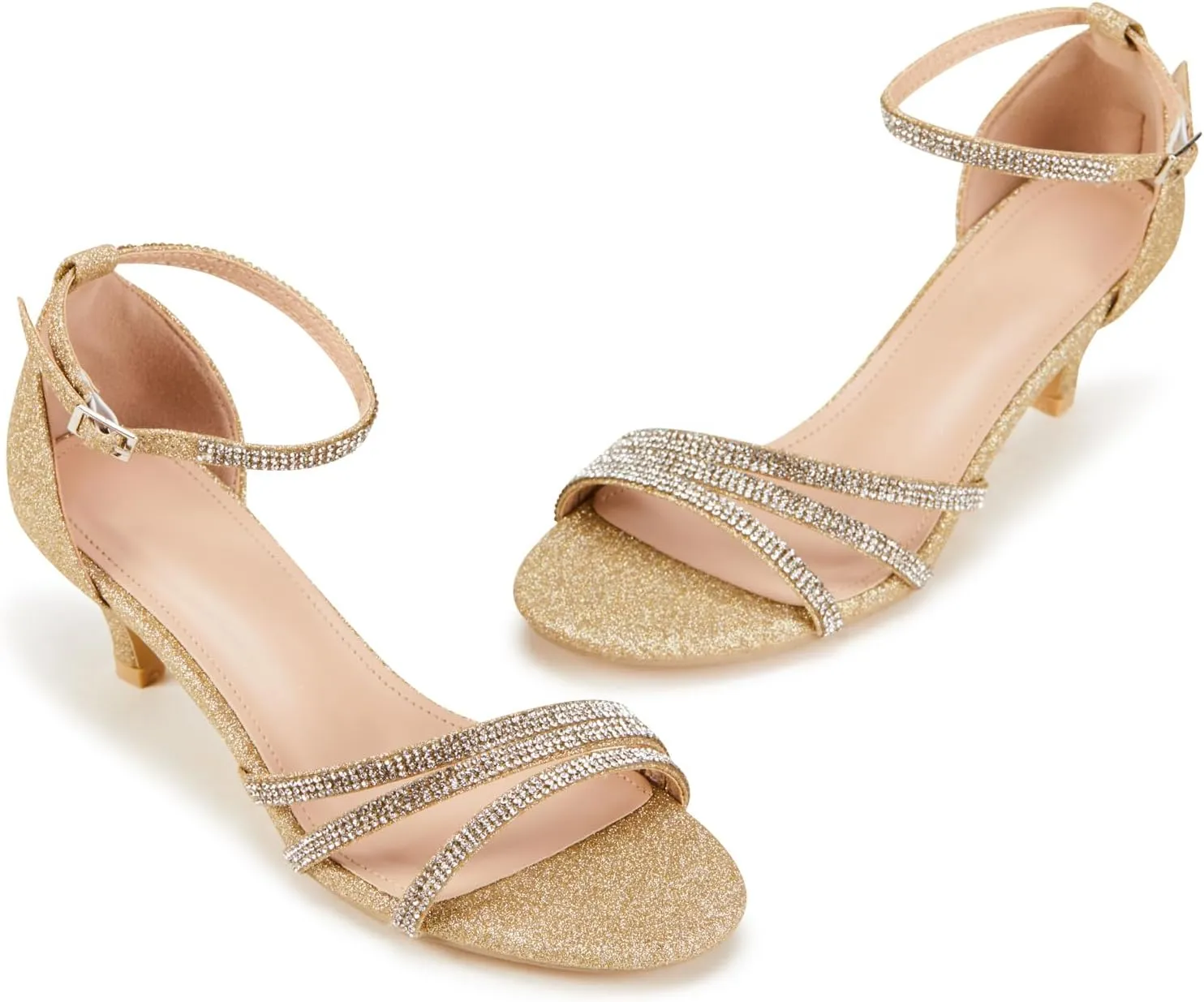 Frank Mully Women's Sparkly Low Kitten Heel Open Toe Sandals Ankle Strap Glitter Bridal Wedding Dress Pump Shoes
