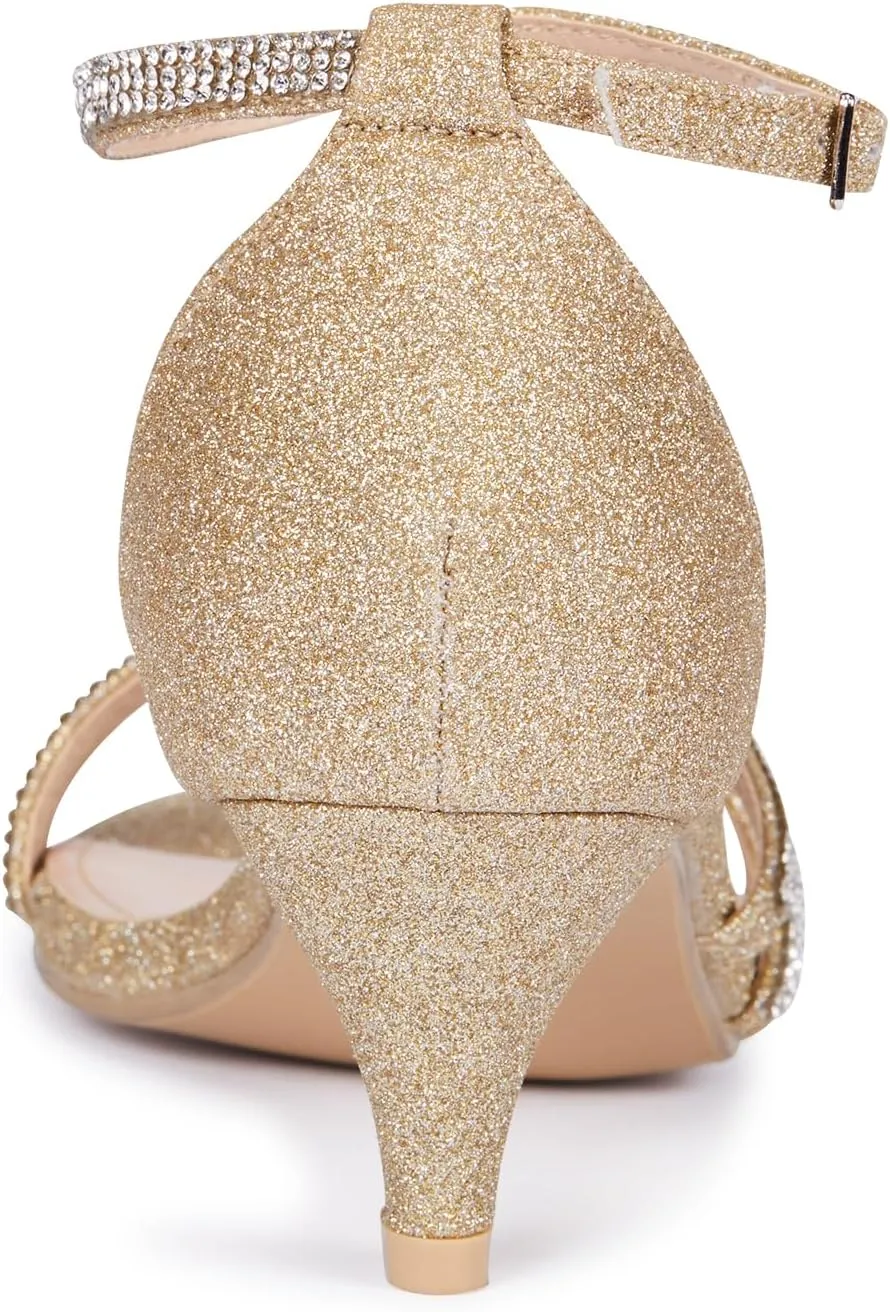 Frank Mully Women's Sparkly Low Kitten Heel Open Toe Sandals Ankle Strap Glitter Bridal Wedding Dress Pump Shoes