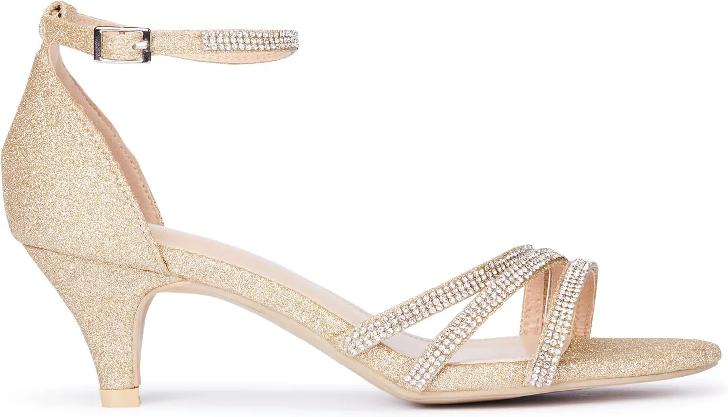 Frank Mully Women's Sparkly Low Kitten Heel Open Toe Sandals Ankle Strap Glitter Bridal Wedding Dress Pump Shoes