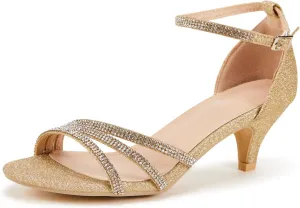 Frank Mully Women's Sparkly Low Kitten Heel Open Toe Sandals Ankle Strap Glitter Bridal Wedding Dress Pump Shoes