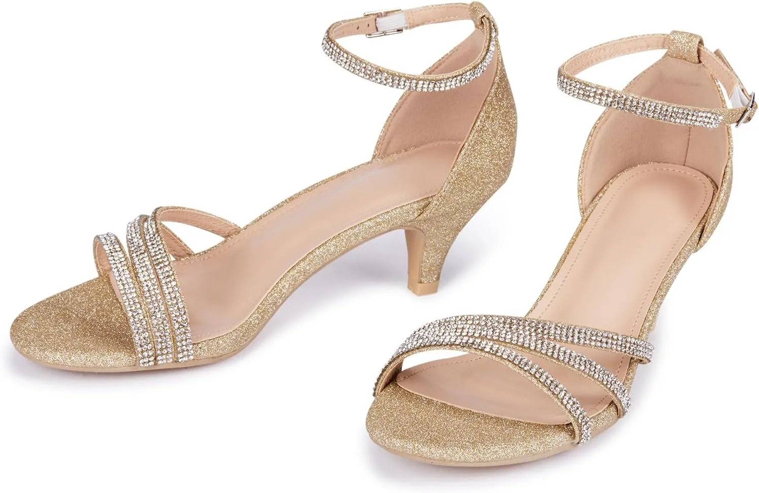 Frank Mully Women's Sparkly Low Kitten Heel Open Toe Sandals Ankle Strap Glitter Bridal Wedding Dress Pump Shoes