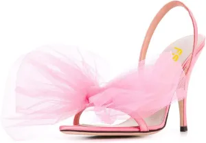 FSJ Women Fashion Large Floral Mesh Bow Open Toe Stylish Mid Heels Stiletto Pump Elastic Slingback Sandals Slip on Shoes Wedding Dress Comfy Shoes Size 4-15 US