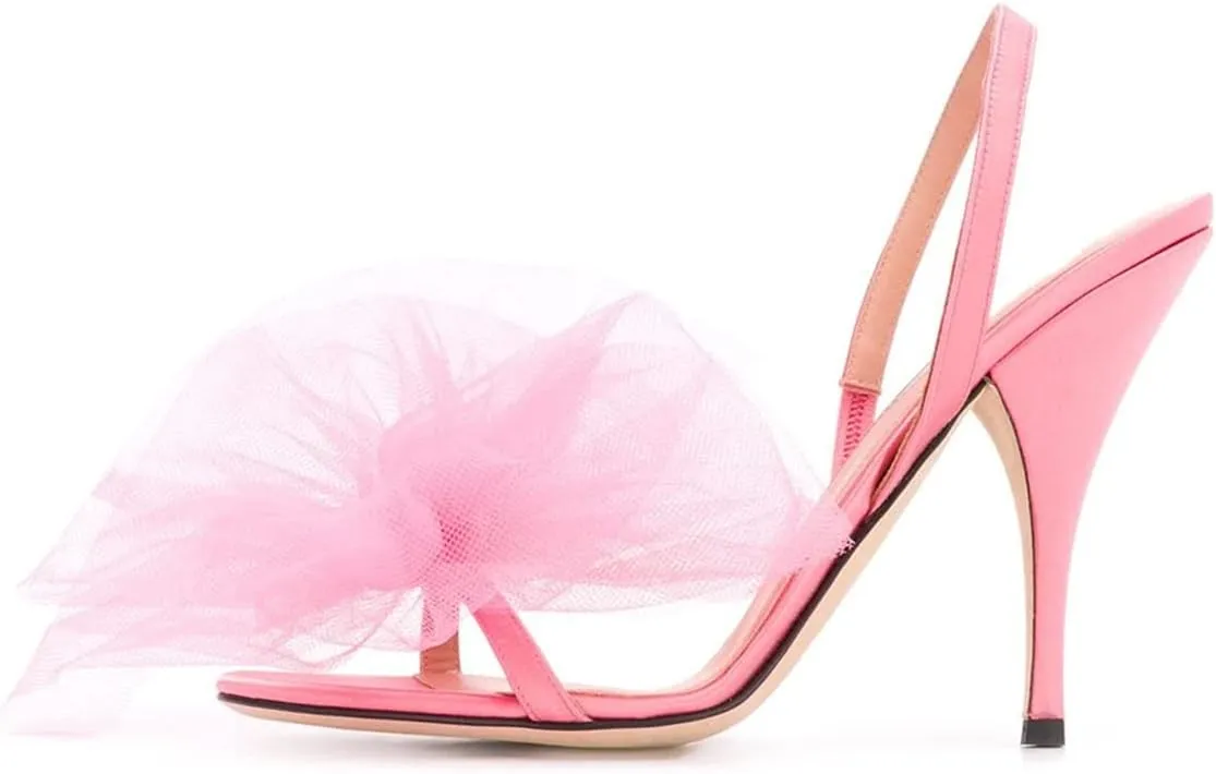 FSJ Women Fashion Large Floral Mesh Bow Open Toe Stylish Mid Heels Stiletto Pump Elastic Slingback Sandals Slip on Shoes Wedding Dress Comfy Shoes Size 4-15 US
