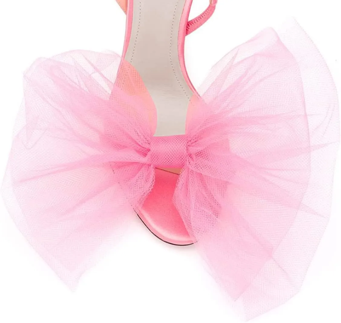 FSJ Women Fashion Large Floral Mesh Bow Open Toe Stylish Mid Heels Stiletto Pump Elastic Slingback Sandals Slip on Shoes Wedding Dress Comfy Shoes Size 4-15 US